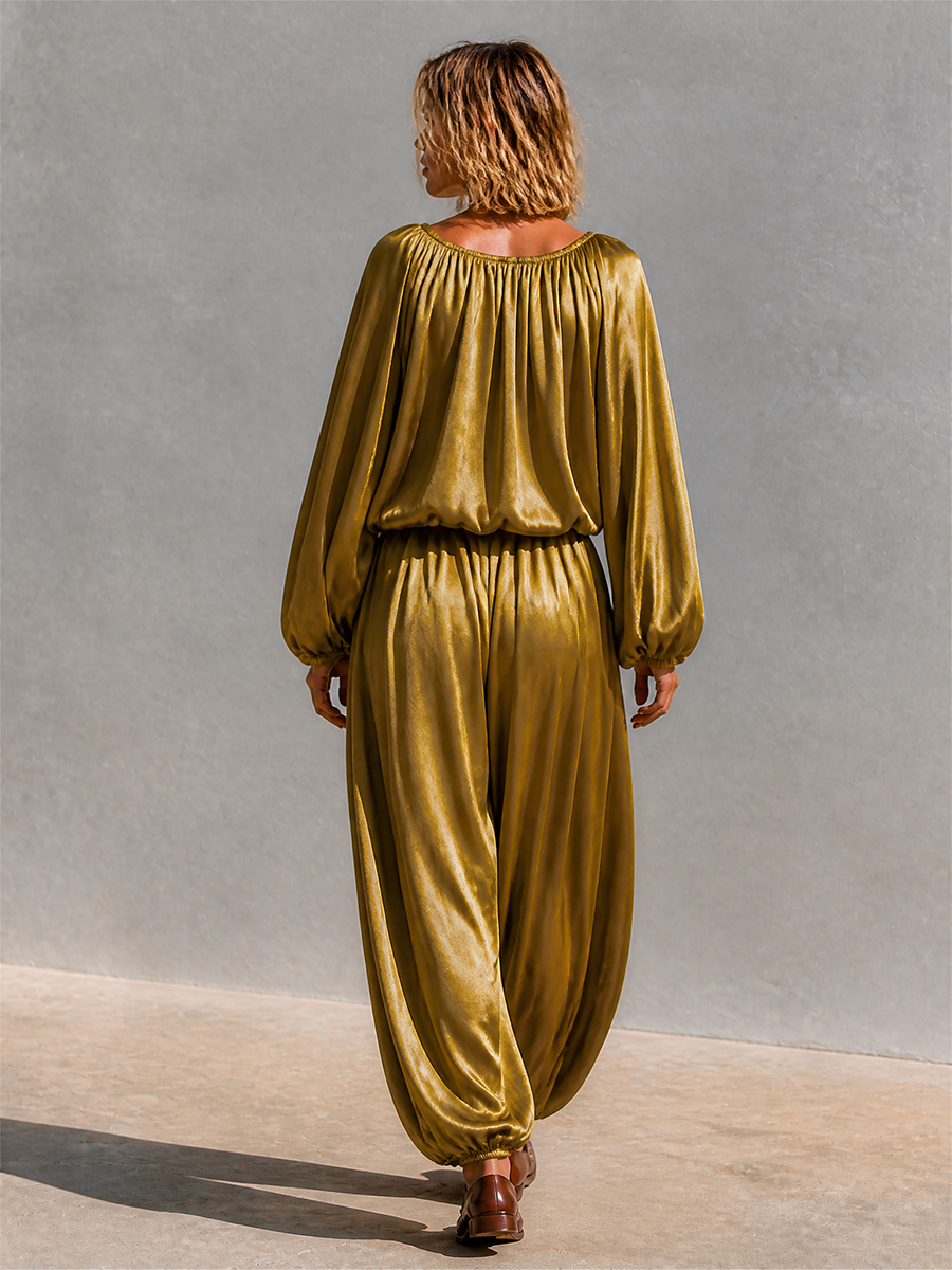 Women's Satin Balloon‑Sleeve Two‑Piece Set For Resort Getaways