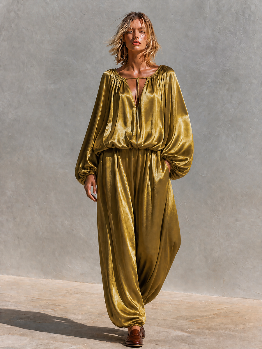 Women's Satin Balloon‑Sleeve Two‑Piece Set For Resort Getaways