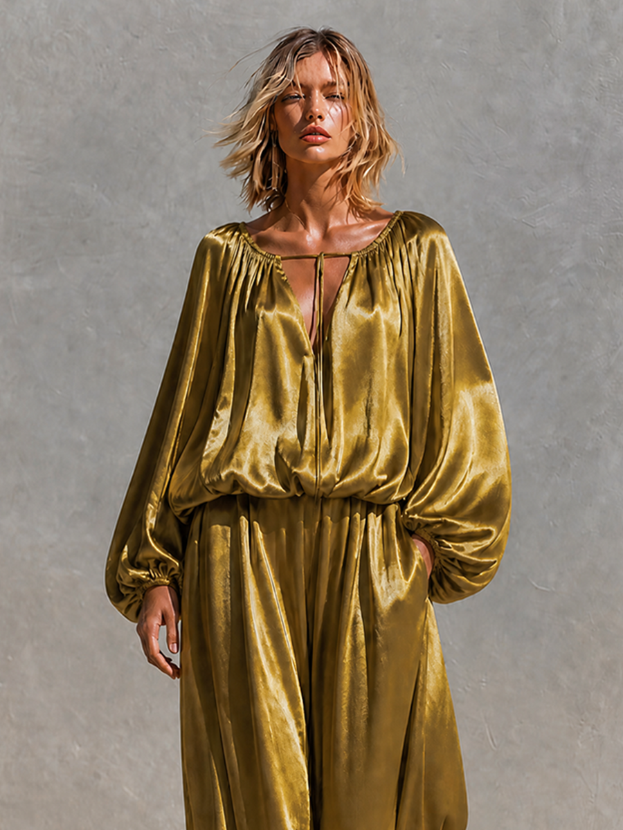 Women's Satin Balloon‑Sleeve Two‑Piece Set For Resort Getaways