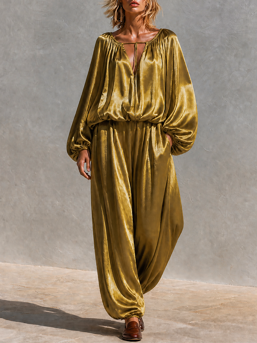 Women's Satin Balloon‑Sleeve Two‑Piece Set For Resort Getaways