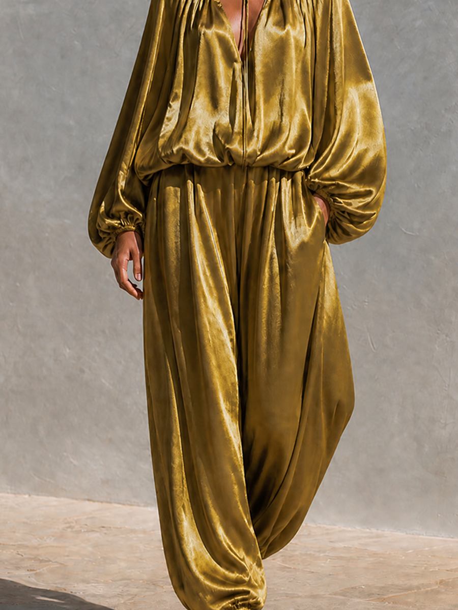 Women's Satin Balloon‑Sleeve Two‑Piece Set For Resort Getaways