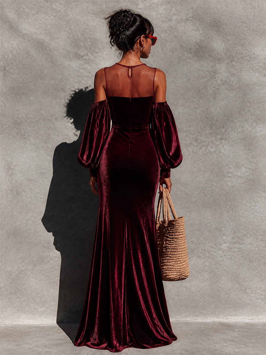 Women's Burgundy Velvet Gown For Formal Events