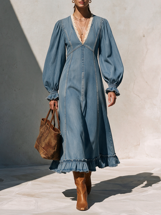 Women's V-Neck Lace-Trim Balloon-Sleeve Belted Ruffle-Hem Denim Maxi Dress