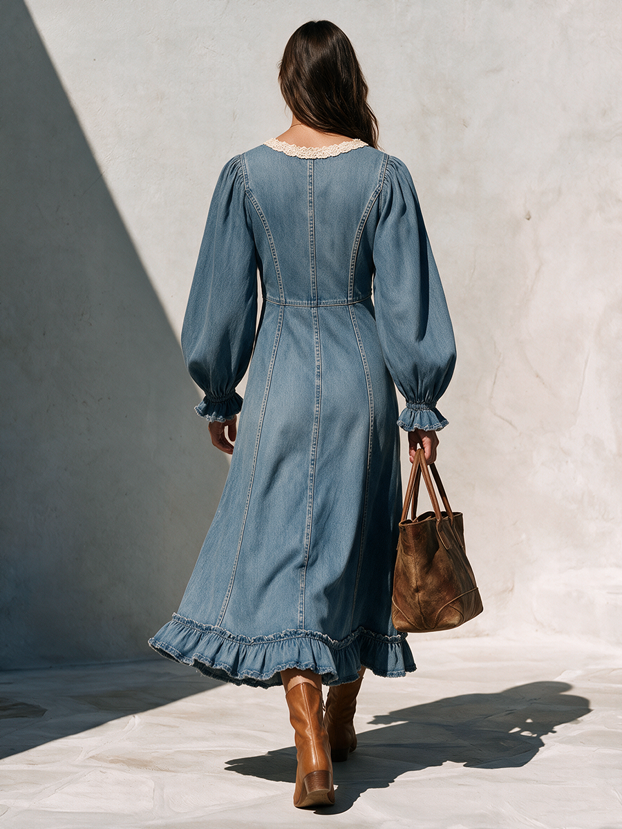 Women's V-Neck Lace-Trim Balloon-Sleeve Belted Ruffle-Hem Denim Maxi Dress