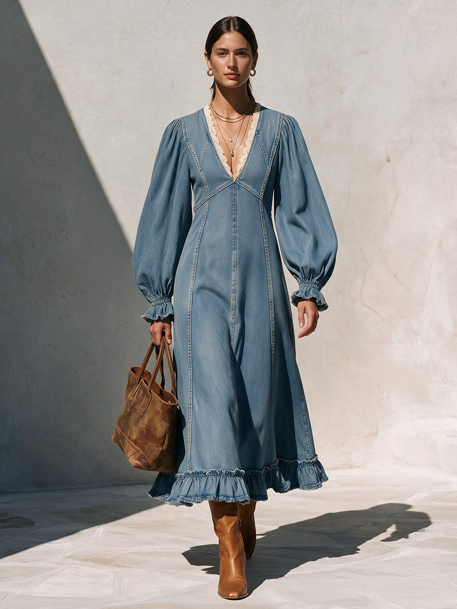 Women's V-Neck Lace-Trim Balloon-Sleeve Belted Ruffle-Hem Denim Maxi Dress