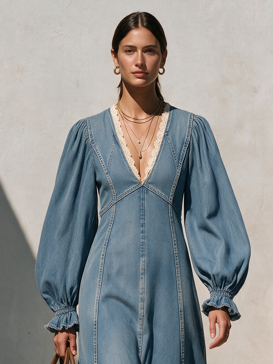 Women's V-Neck Lace-Trim Balloon-Sleeve Belted Ruffle-Hem Denim Maxi Dress