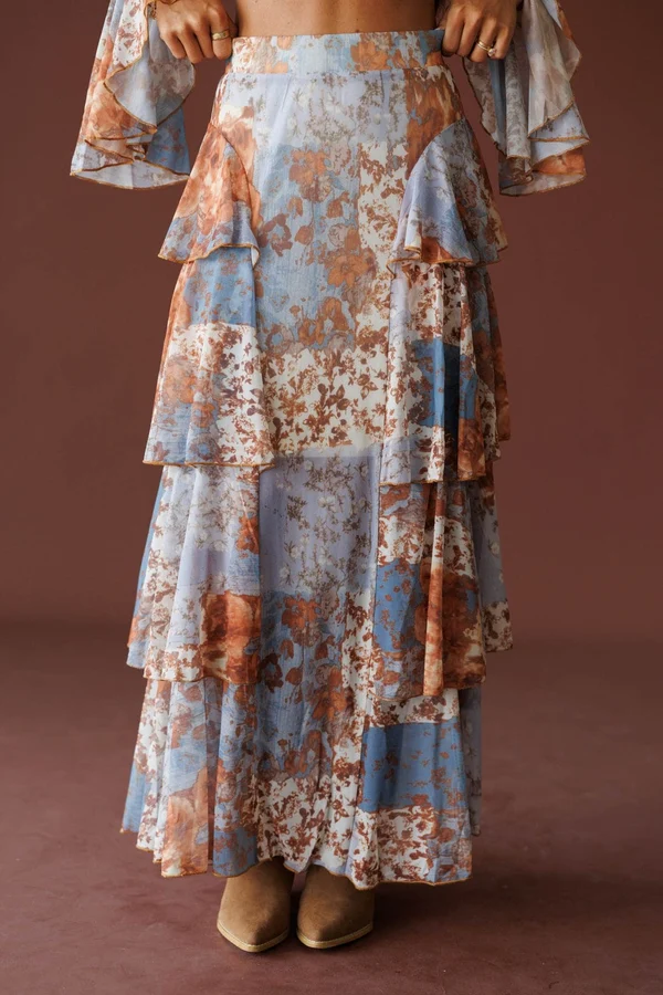 Blue Orange Floral Tiered Two-Piece Set