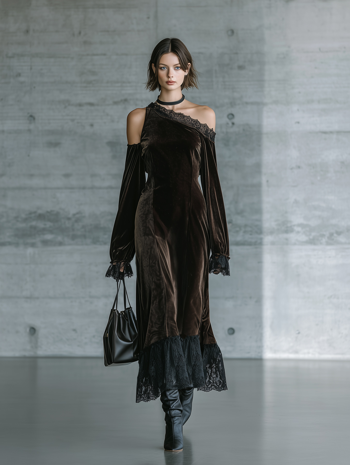 Women's Off Shoulder Velvet Lace Trim Black Dress