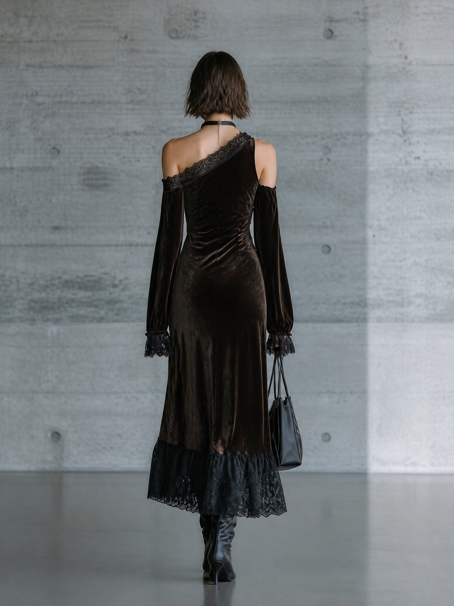 Women's Off Shoulder Velvet Lace Trim Black Dress