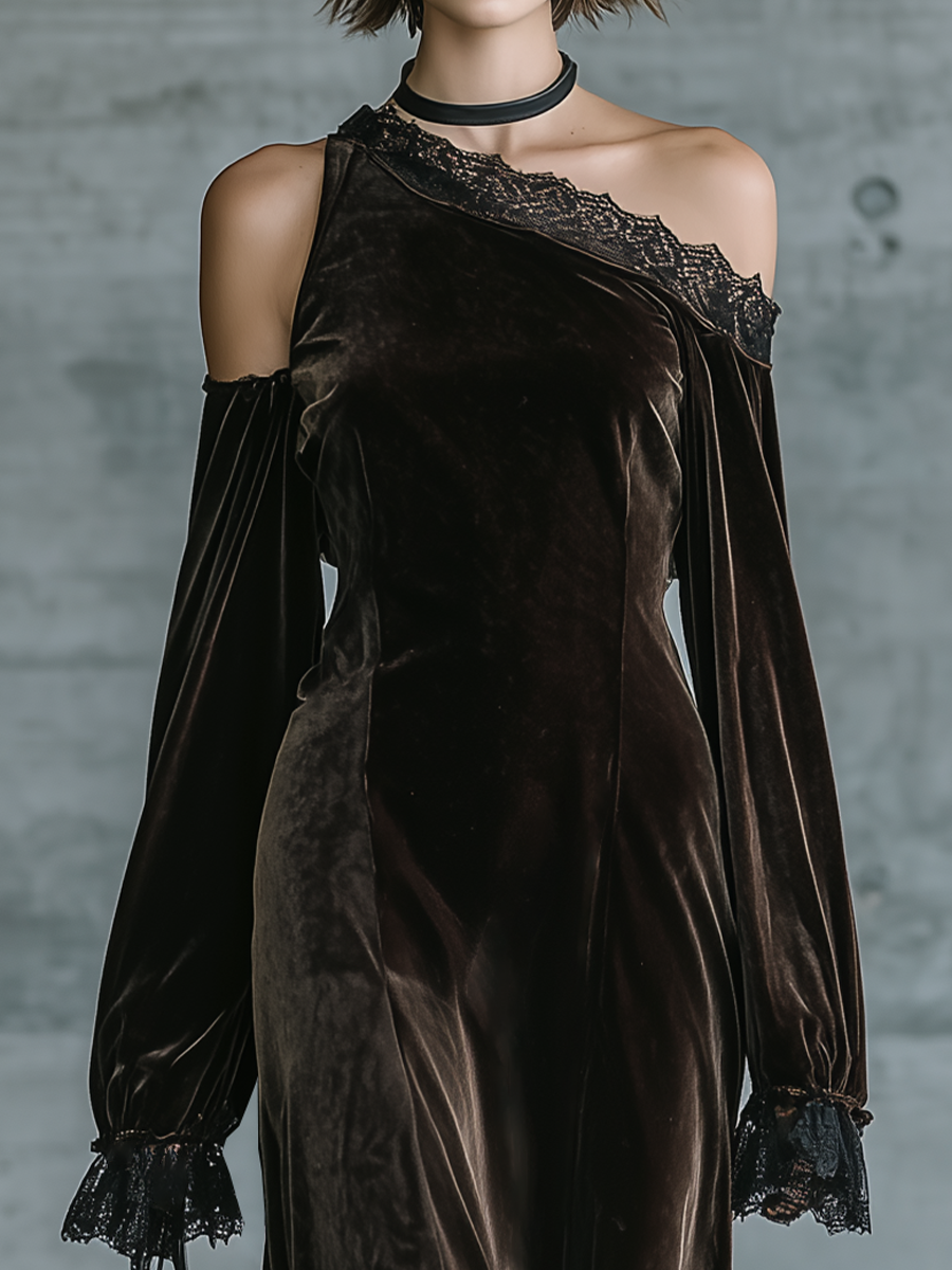 Women's Off Shoulder Velvet Lace Trim Black Dress