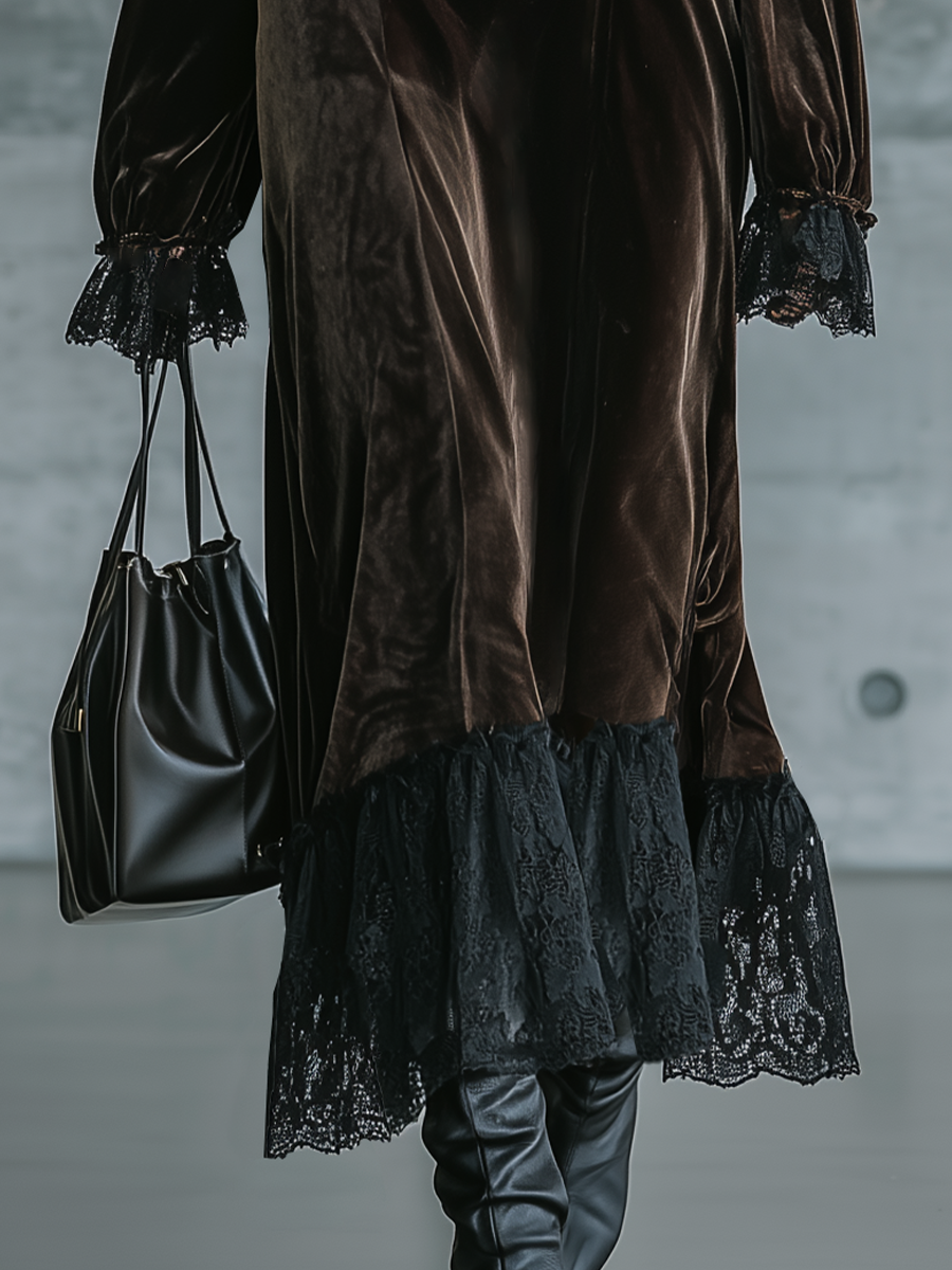 Women's Off Shoulder Velvet Lace Trim Black Dress