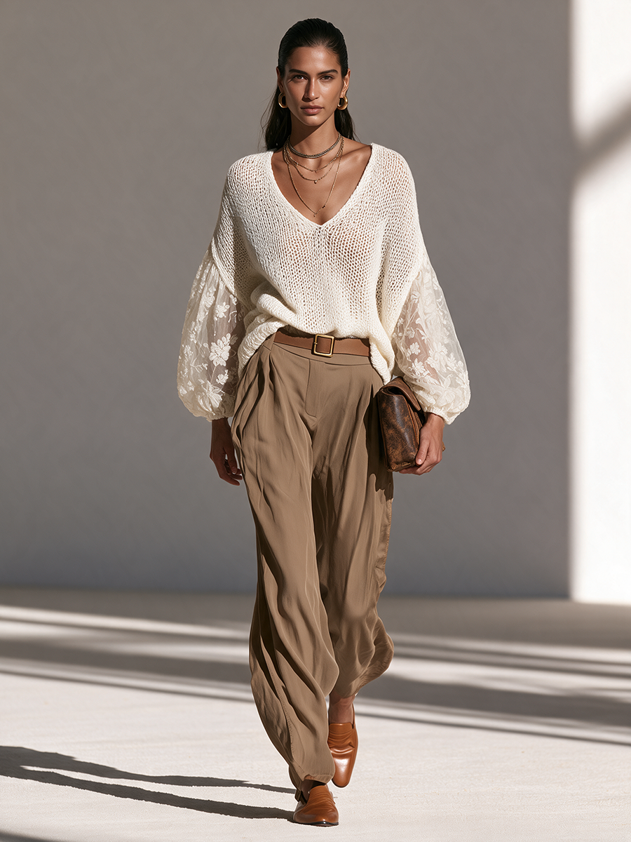 Women's V-Neck Open-Knit Lace-Panel Balloon-Sleeve Relaxed Wool-Knit Top