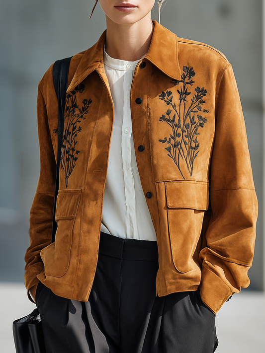 Women's Floral Embroidered Button Front Brown Jacket