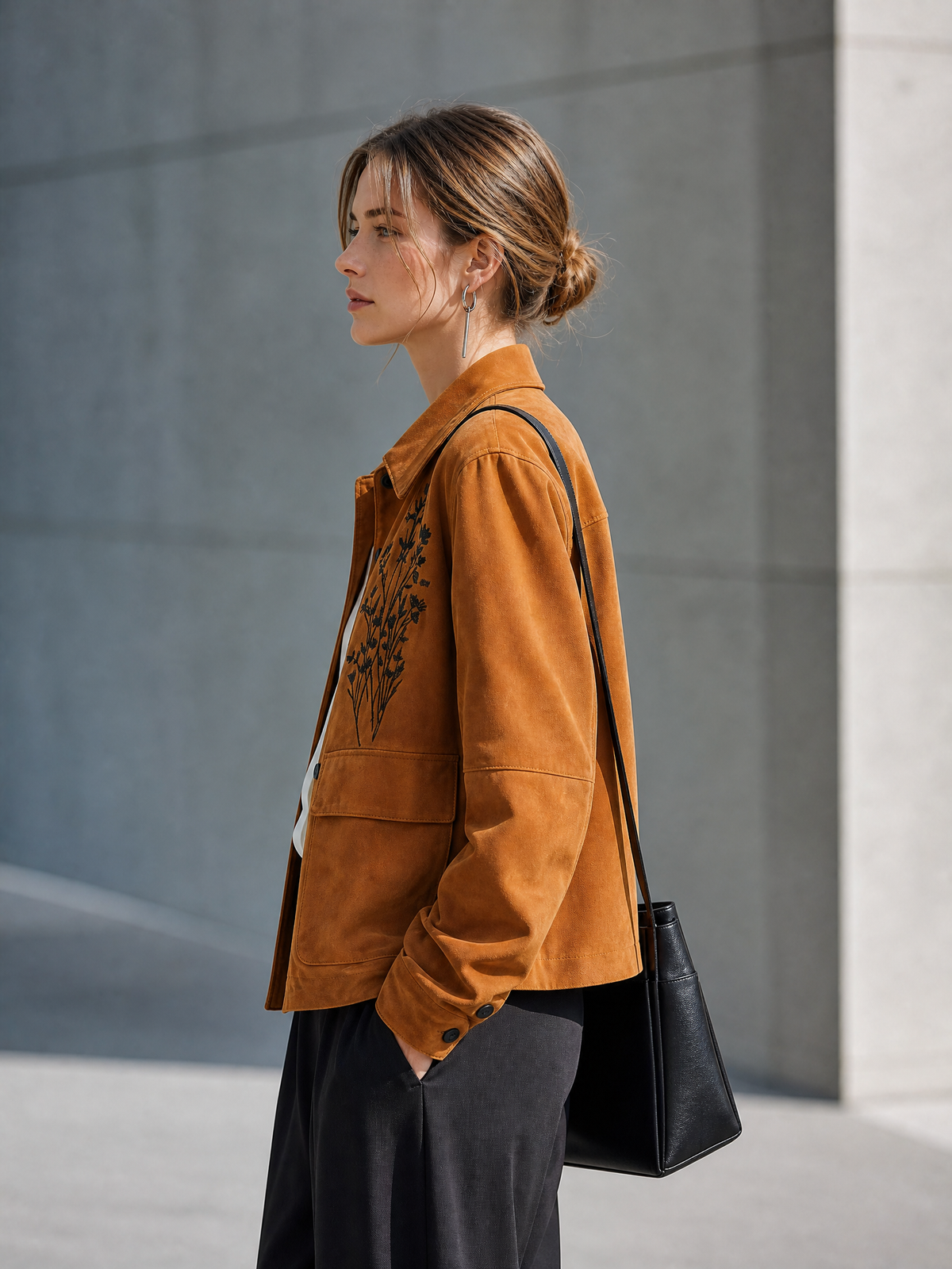 Women's Floral Embroidered Button Front Brown Jacket