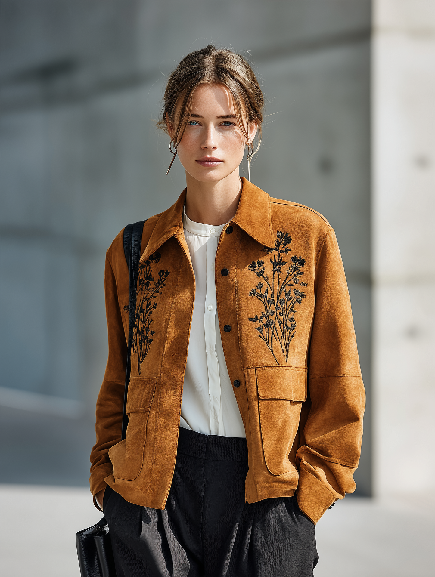 Women's Floral Embroidered Button Front Brown Jacket