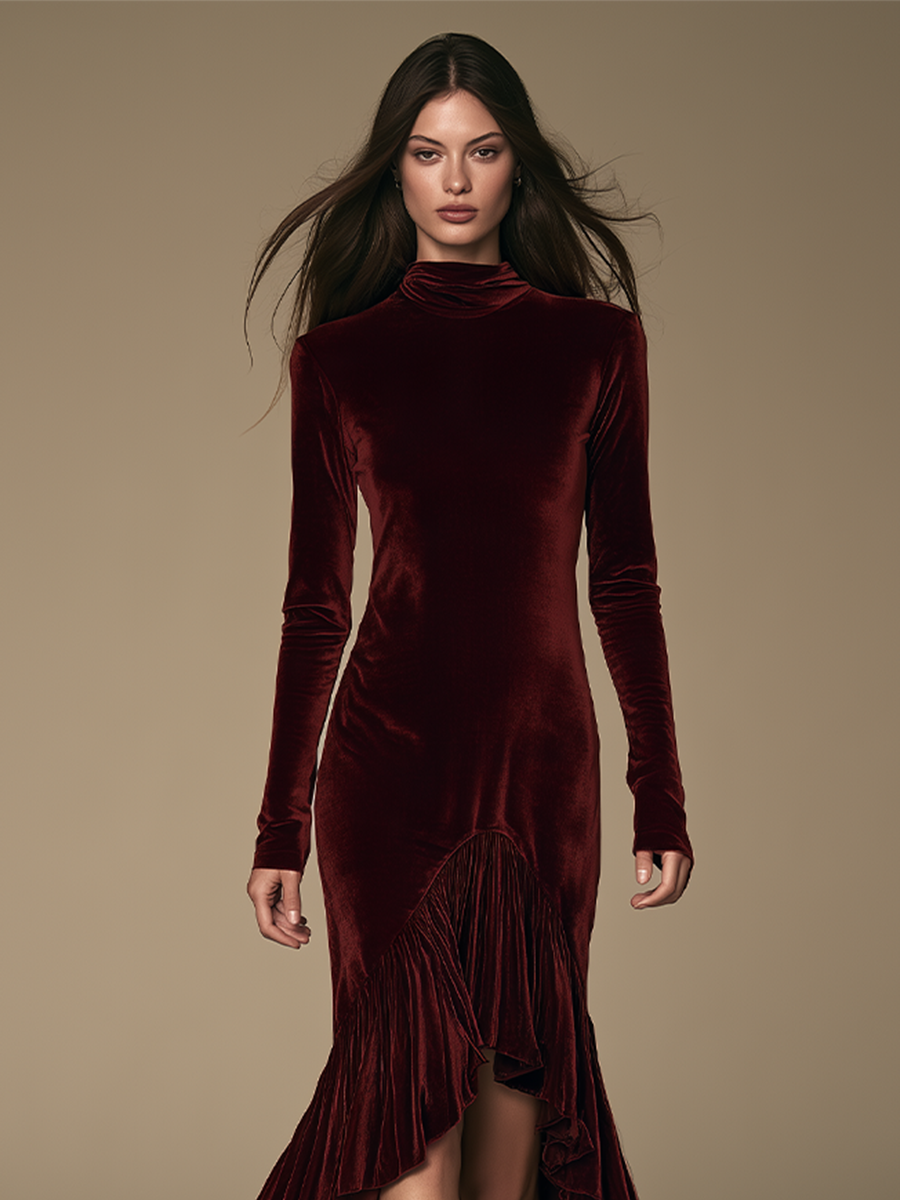 Women Form‑Fitting Velvet Ruffle Hem Maxi Dress For Formal Occasion