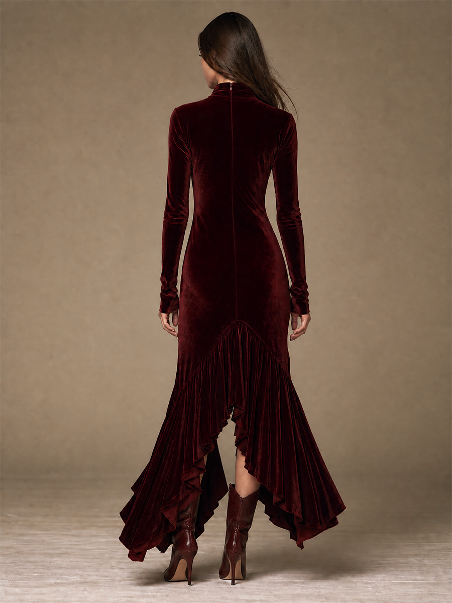 Women Form‑Fitting Velvet Ruffle Hem Maxi Dress For Formal Occasion