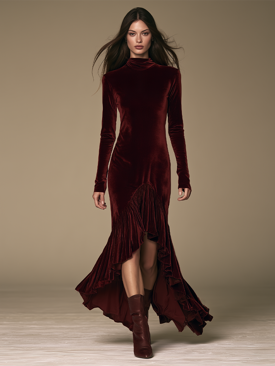 Women Form‑Fitting Velvet Ruffle Hem Maxi Dress For Formal Occasion
