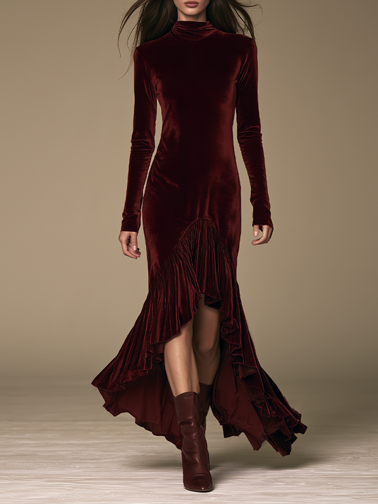 Women Form‑Fitting Velvet Ruffle Hem Maxi Dress For Formal Occasion