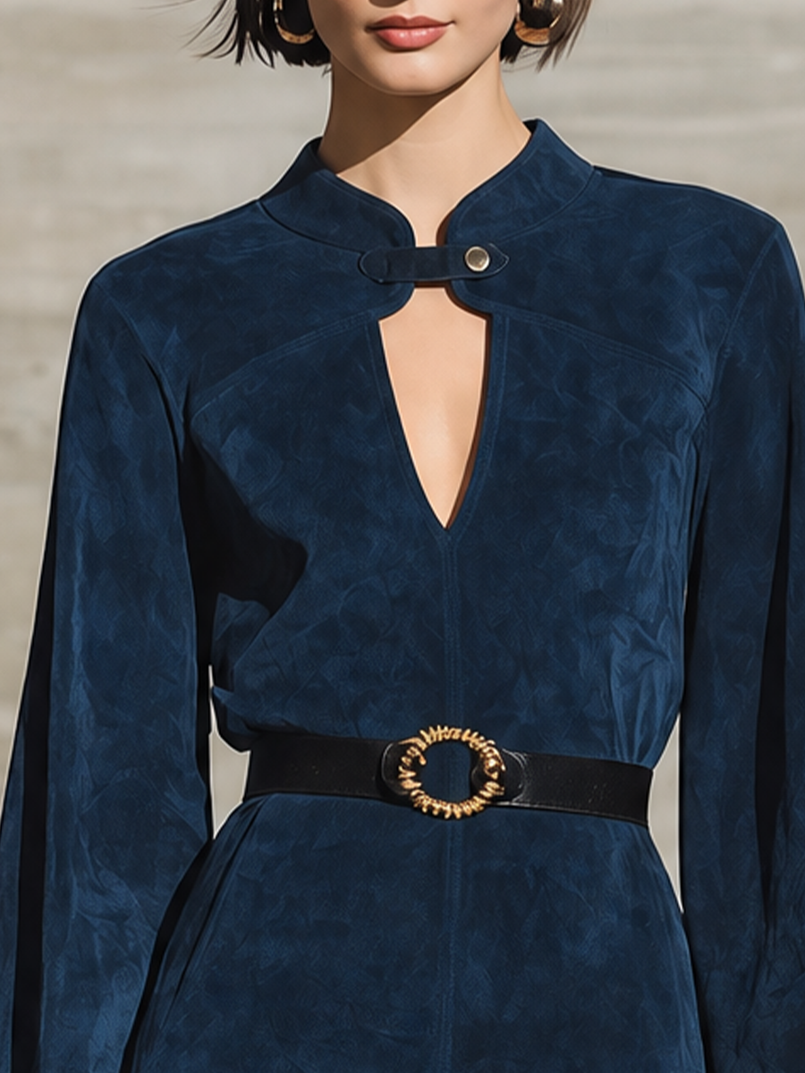 Women's Mandarin Collar Keyhole Belted Navy Dress (Without Belt)