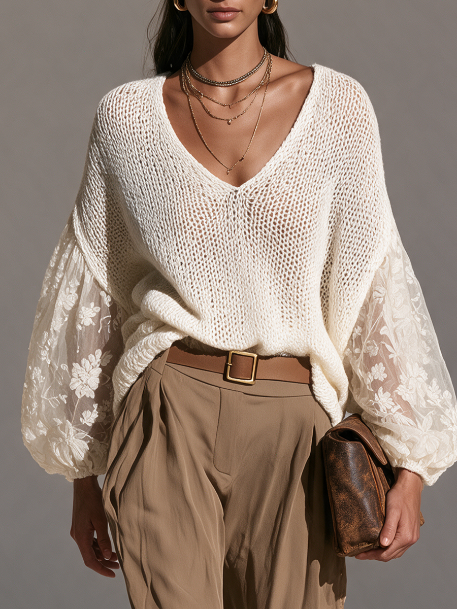 Women's V-Neck Open-Knit Lace-Panel Balloon-Sleeve Relaxed Wool-Knit Top