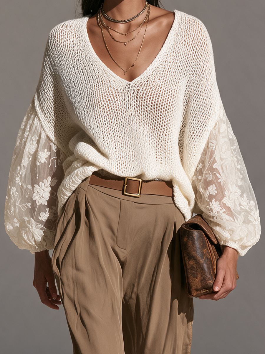 Women's V-Neck Open-Knit Lace-Panel Balloon-Sleeve Relaxed Wool-Knit Top
