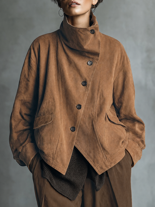 Women's Asymmetric Button Front Brown Jacket