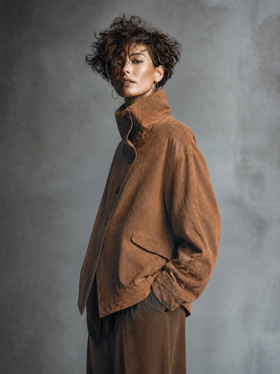Women's Asymmetric Button Front Brown Jacket