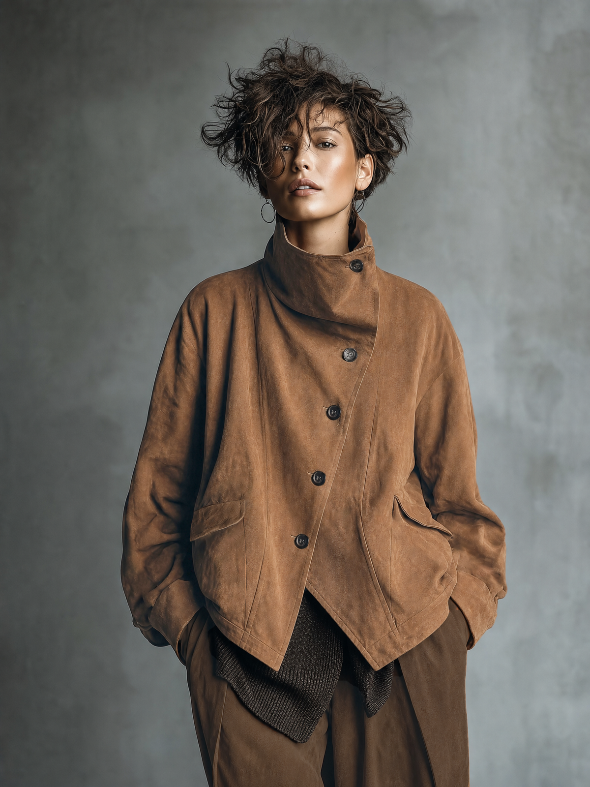 Women's Asymmetric Button Front Brown Jacket