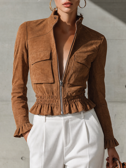Women's Ruffled Waist Zip Front Brown Jacket