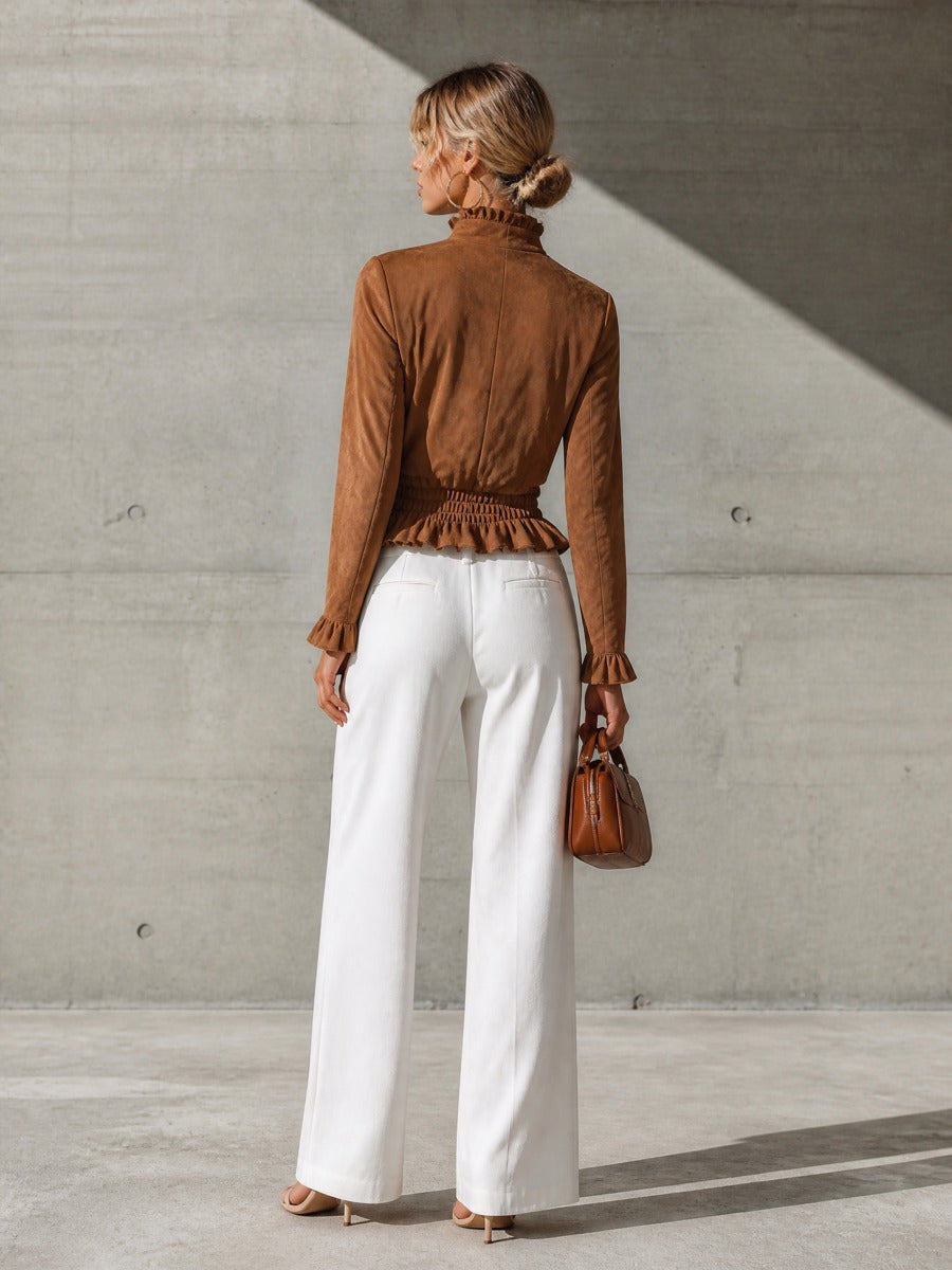 Women's Ruffled Waist Zip Front Brown Jacket