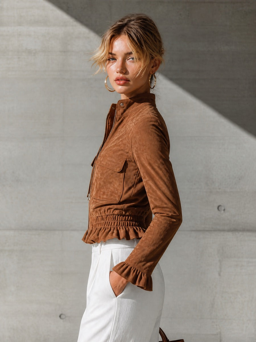 Women's Ruffled Waist Zip Front Brown Jacket