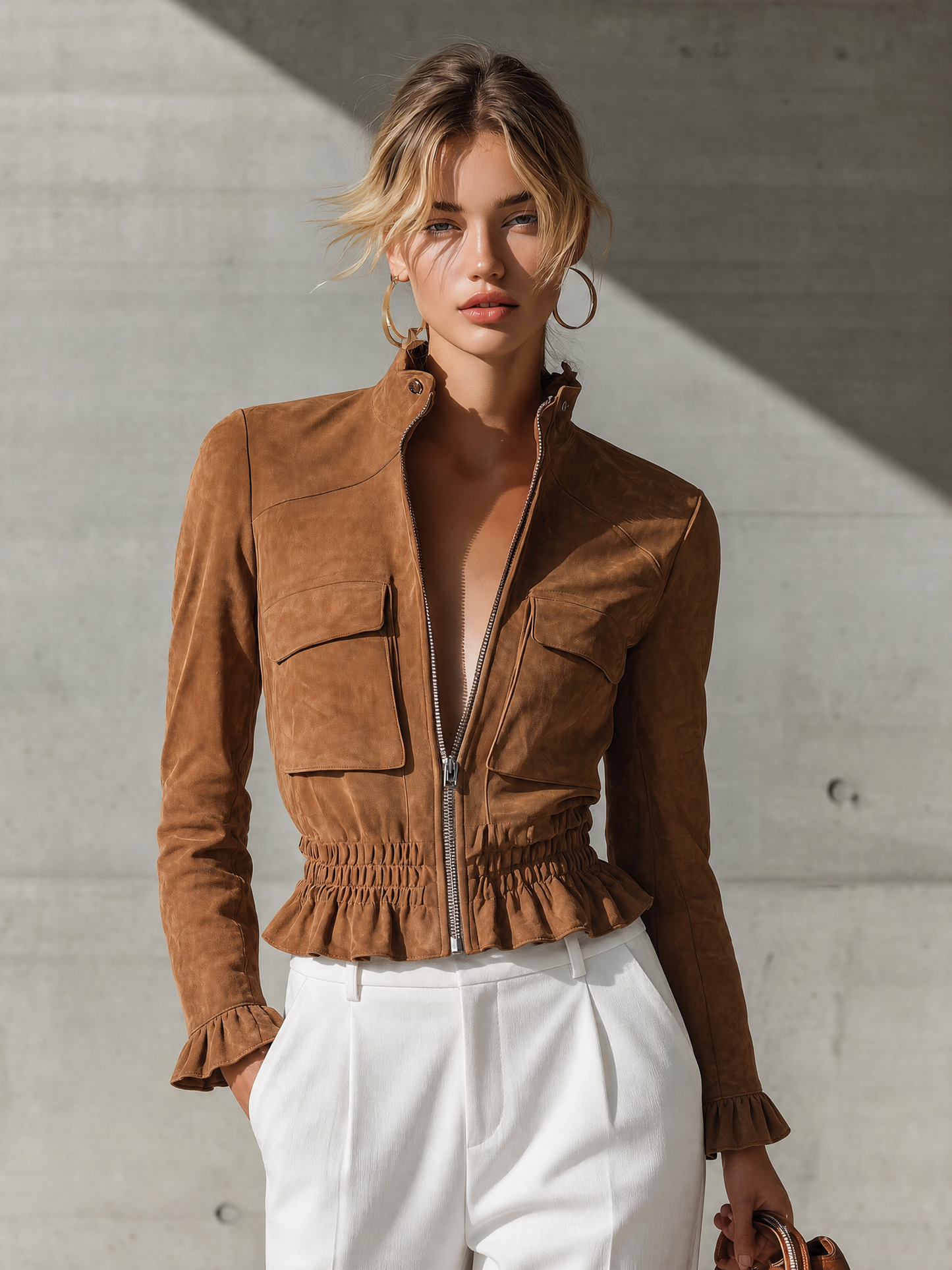 Women's Ruffled Waist Zip Front Brown Jacket