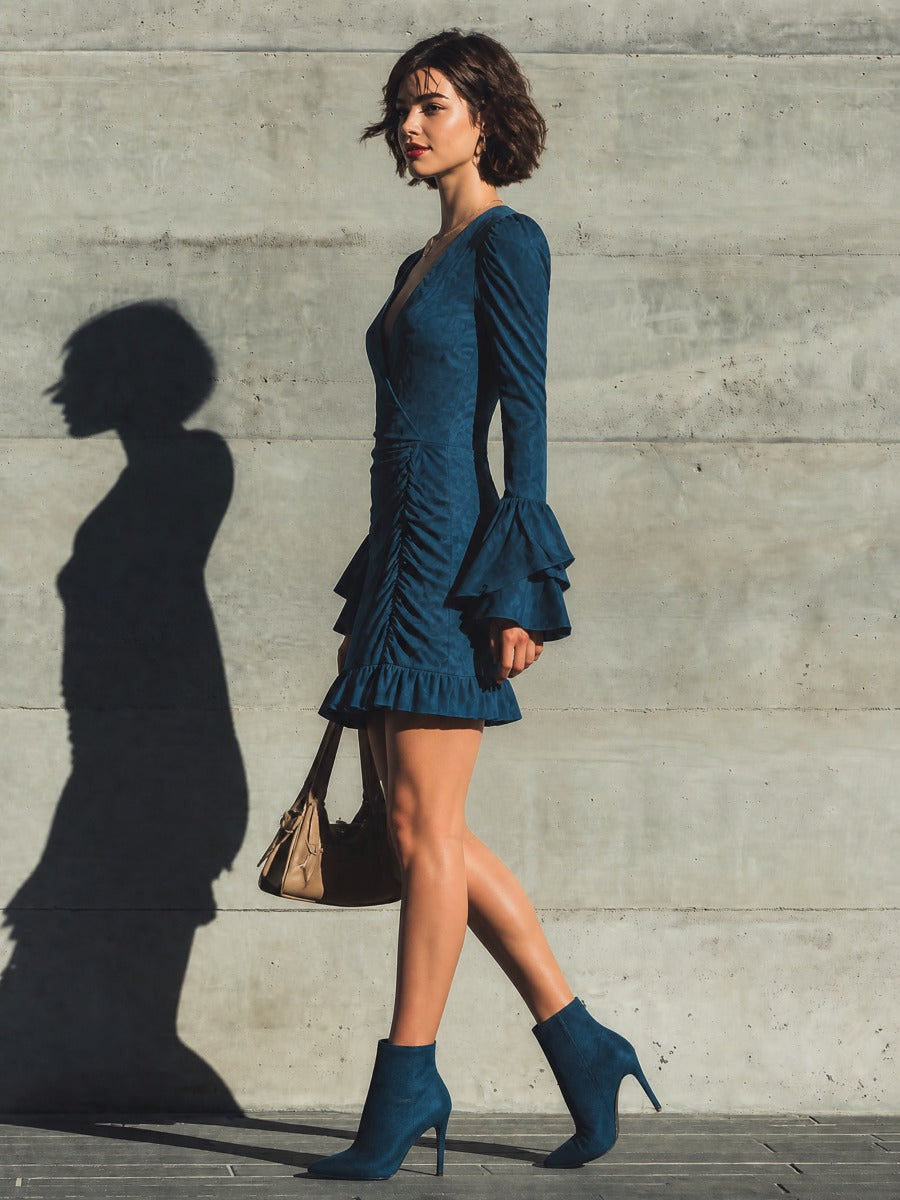 Women's Wrap Front Flared Sleeve Blue Mini Dress
