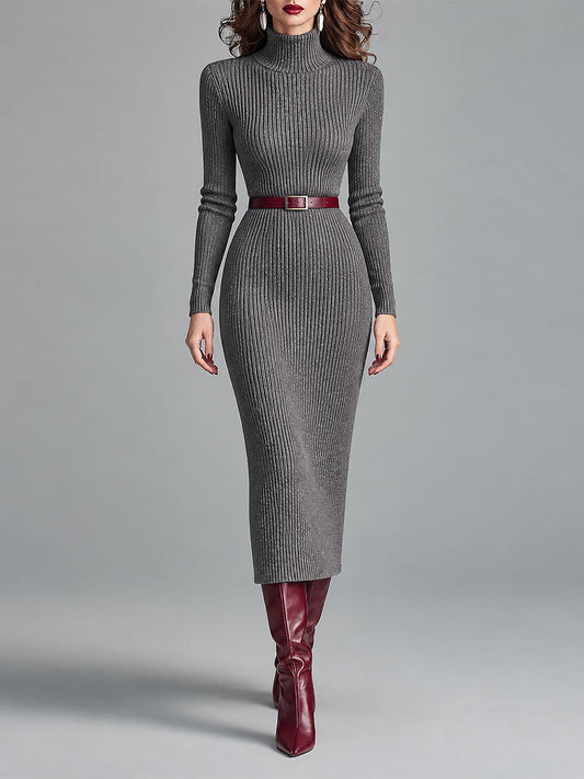 Elegant High Neck Ribbed-knit Slim-fit Midi Dress With Belt