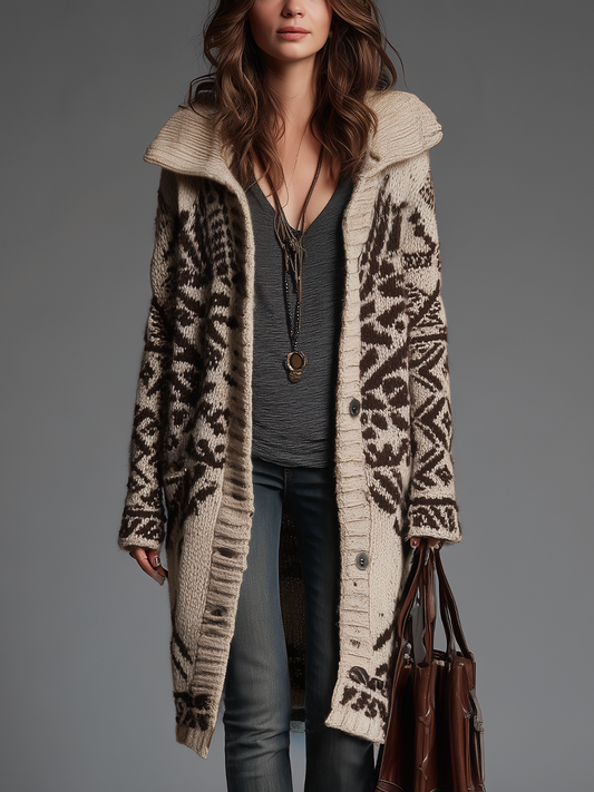 Vintage Cream Brown Longline Knit Cardigan
