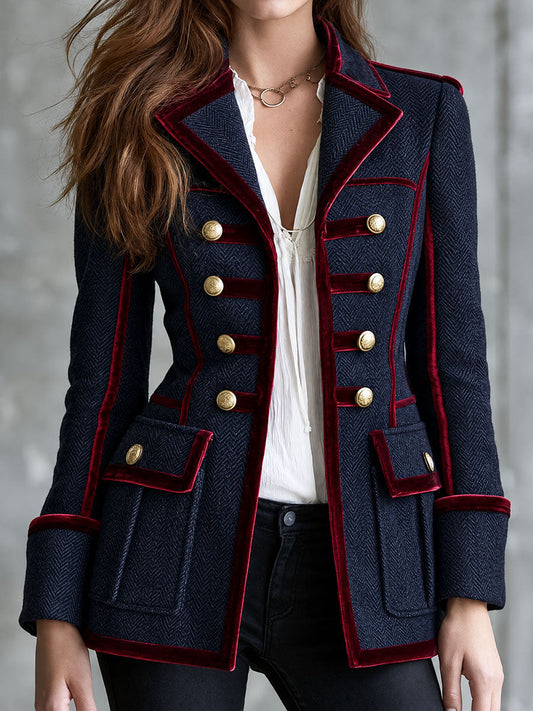 Women's Military Style Herringbone Wool Blazer with Velvet Trim