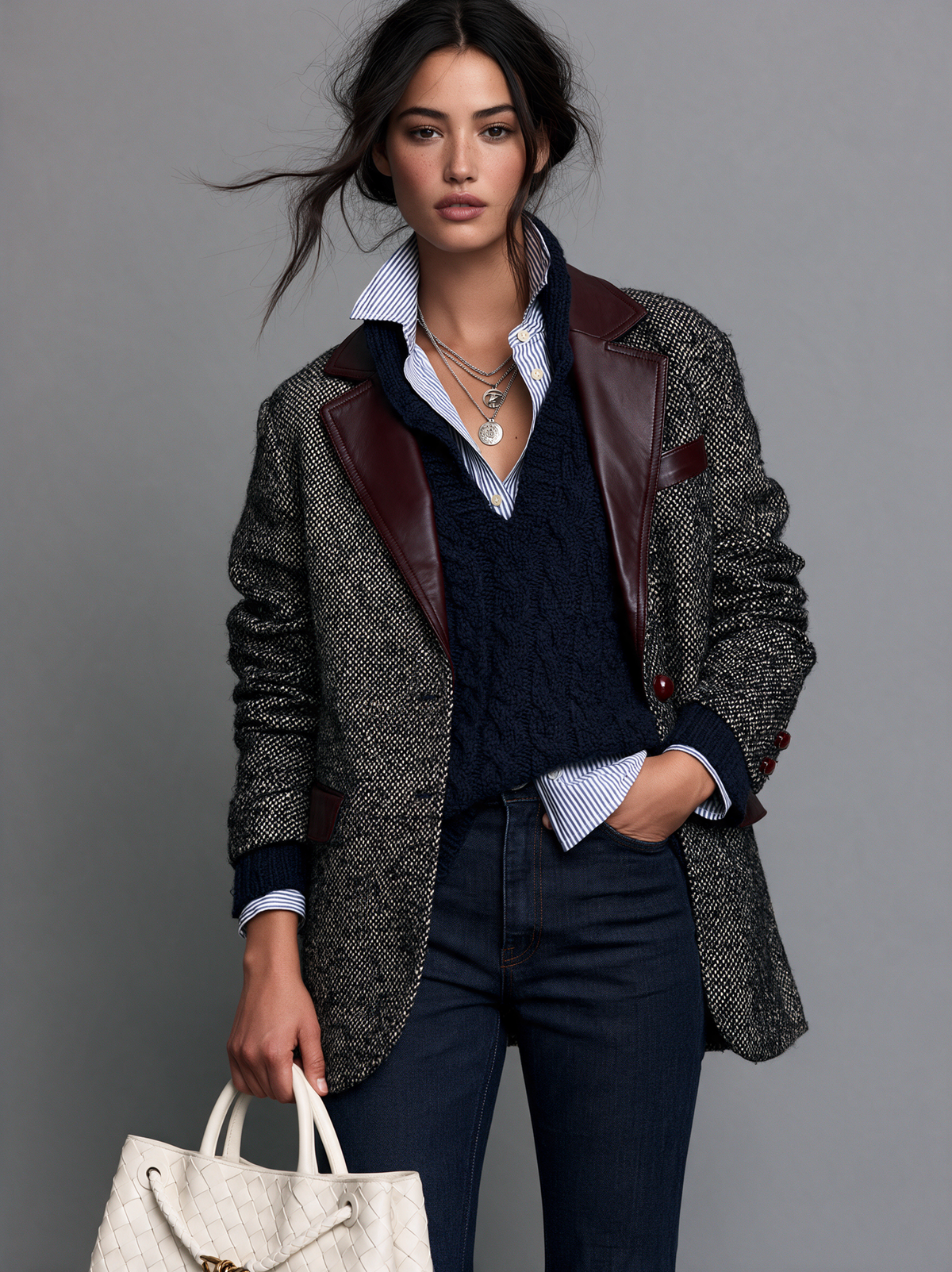 Women's Vintage-Style Wool-Blend Blazer With Panel Leather Lapel