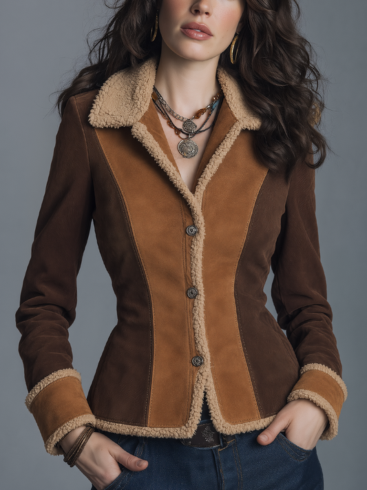 Vintage Brown Colorblock Shearling-Trim Jacket