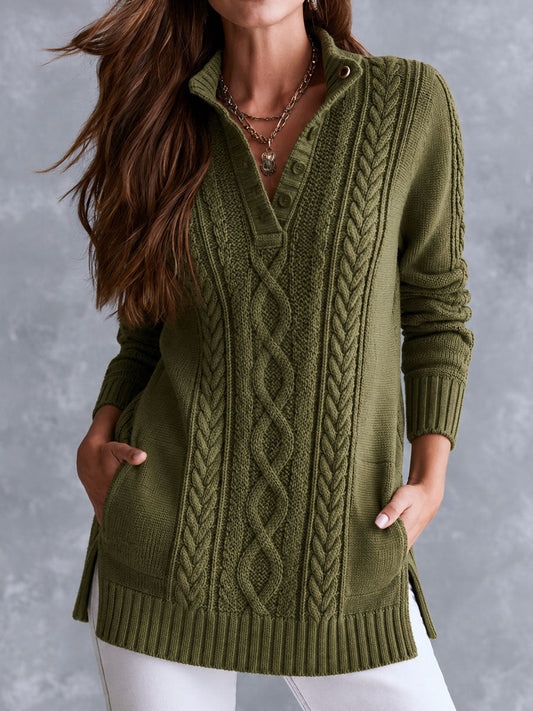 Vintage Stand Collar American Cable Knit Henley Sweater With Pockets
