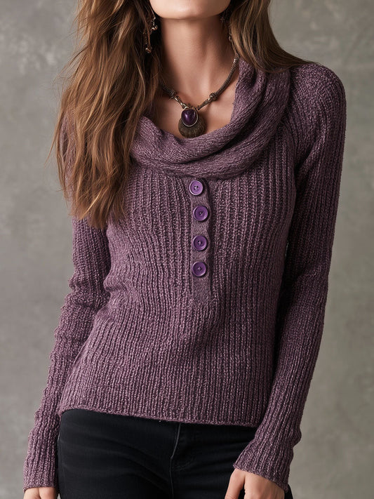 Boho Vintage Cowl Neck Pullover Heather Purple Knit Sweater