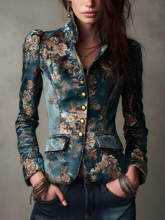 Vintage Floral Brocade Stand Collar Fitted Blazer Jacket