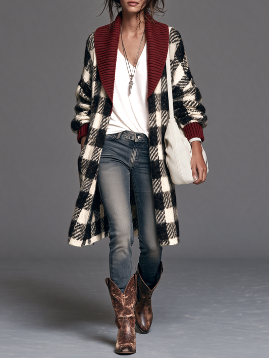 Women's Retro Plaid Color-Block Lapel Cardigan