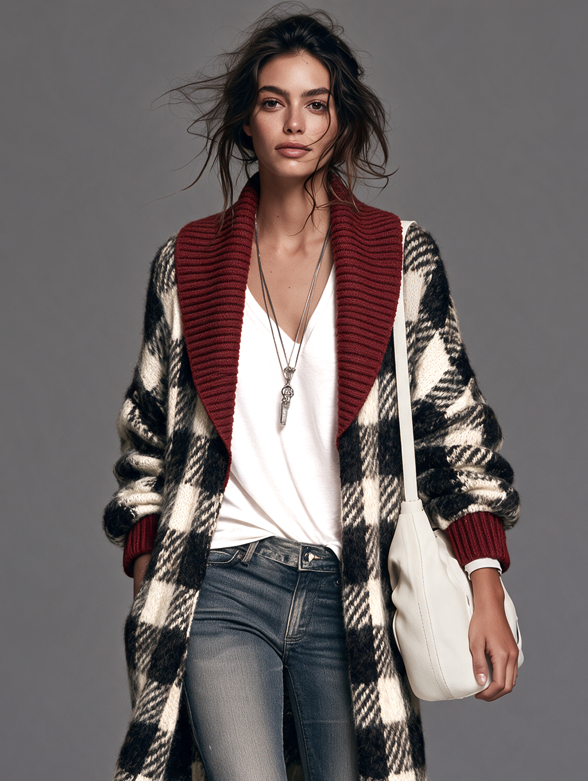 Women's Retro Plaid Color-Block Lapel Cardigan