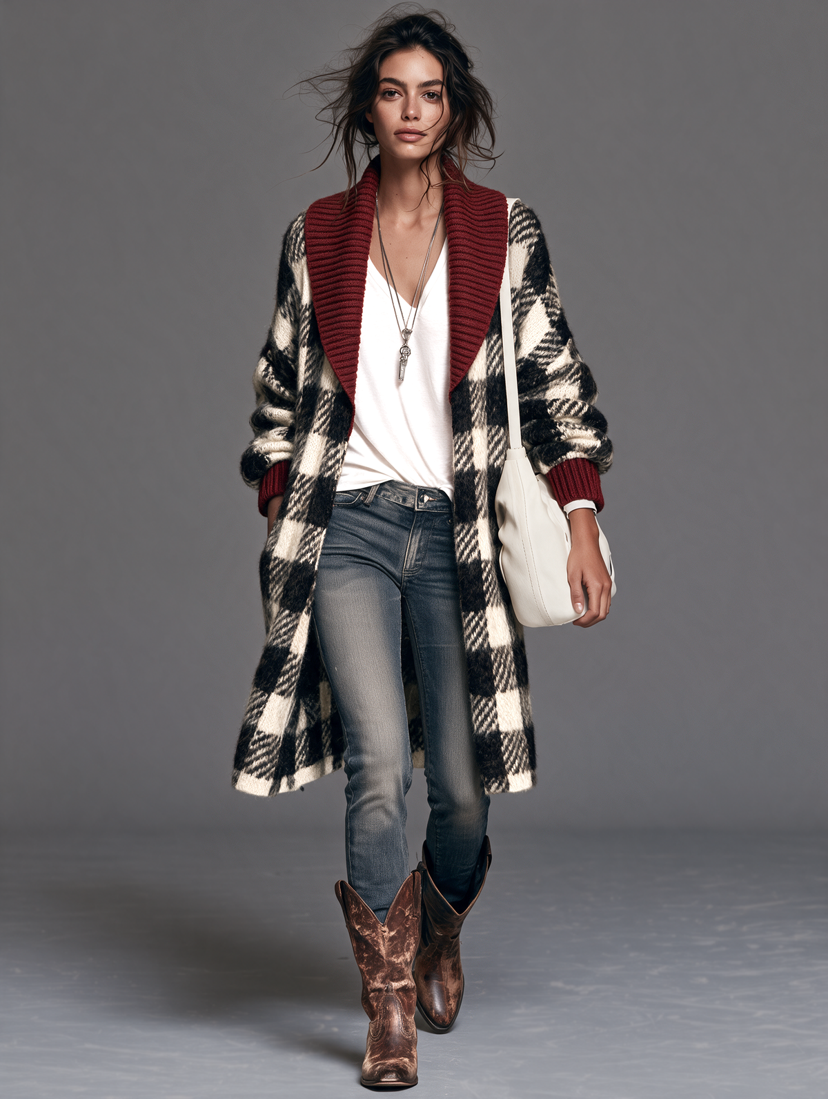 Women's Retro Plaid Color-Block Lapel Cardigan