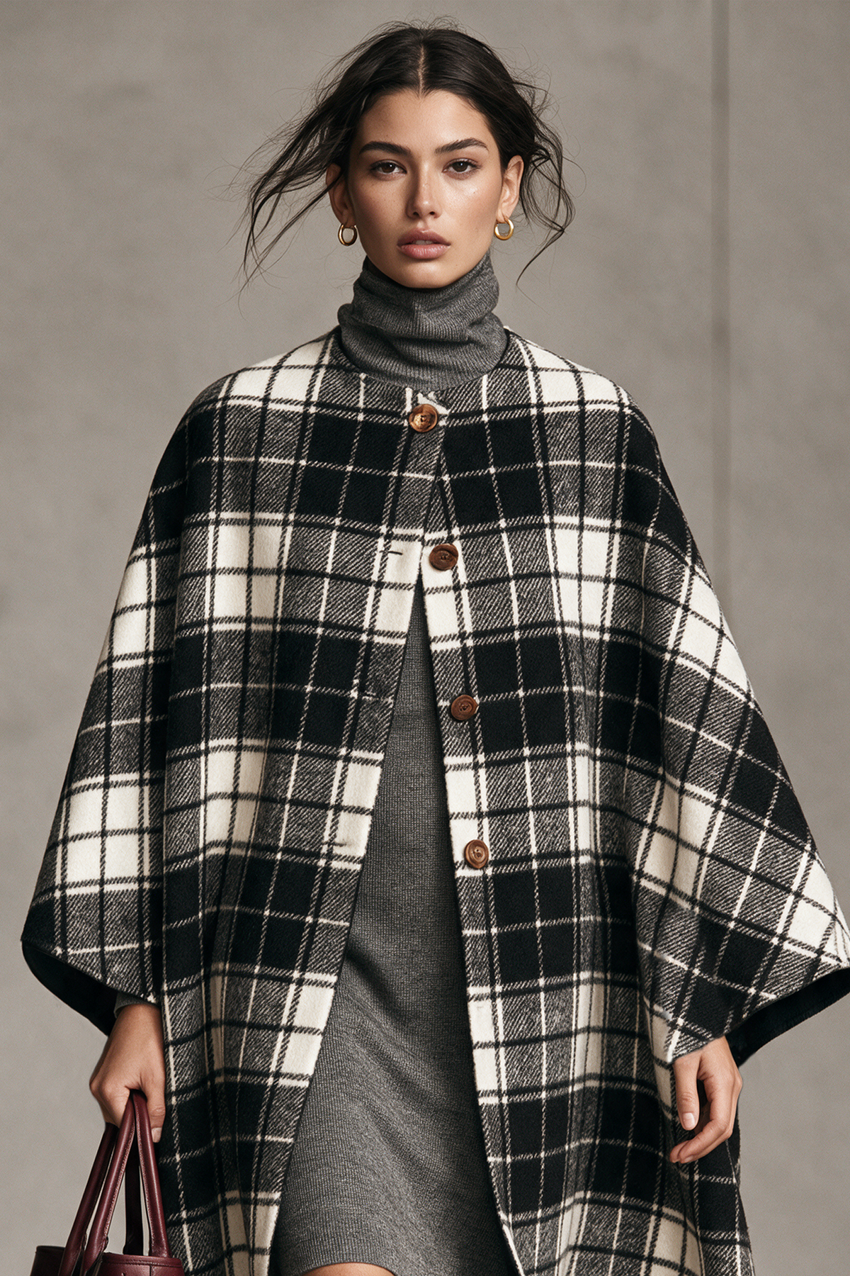 Women's Vintage Plaid Wool-Blend Collarless Cape-Style Coat