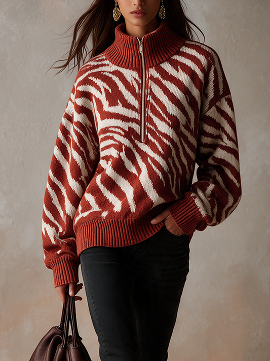 Women's Zebra-Print Half-Zip High-Neck Knit Top