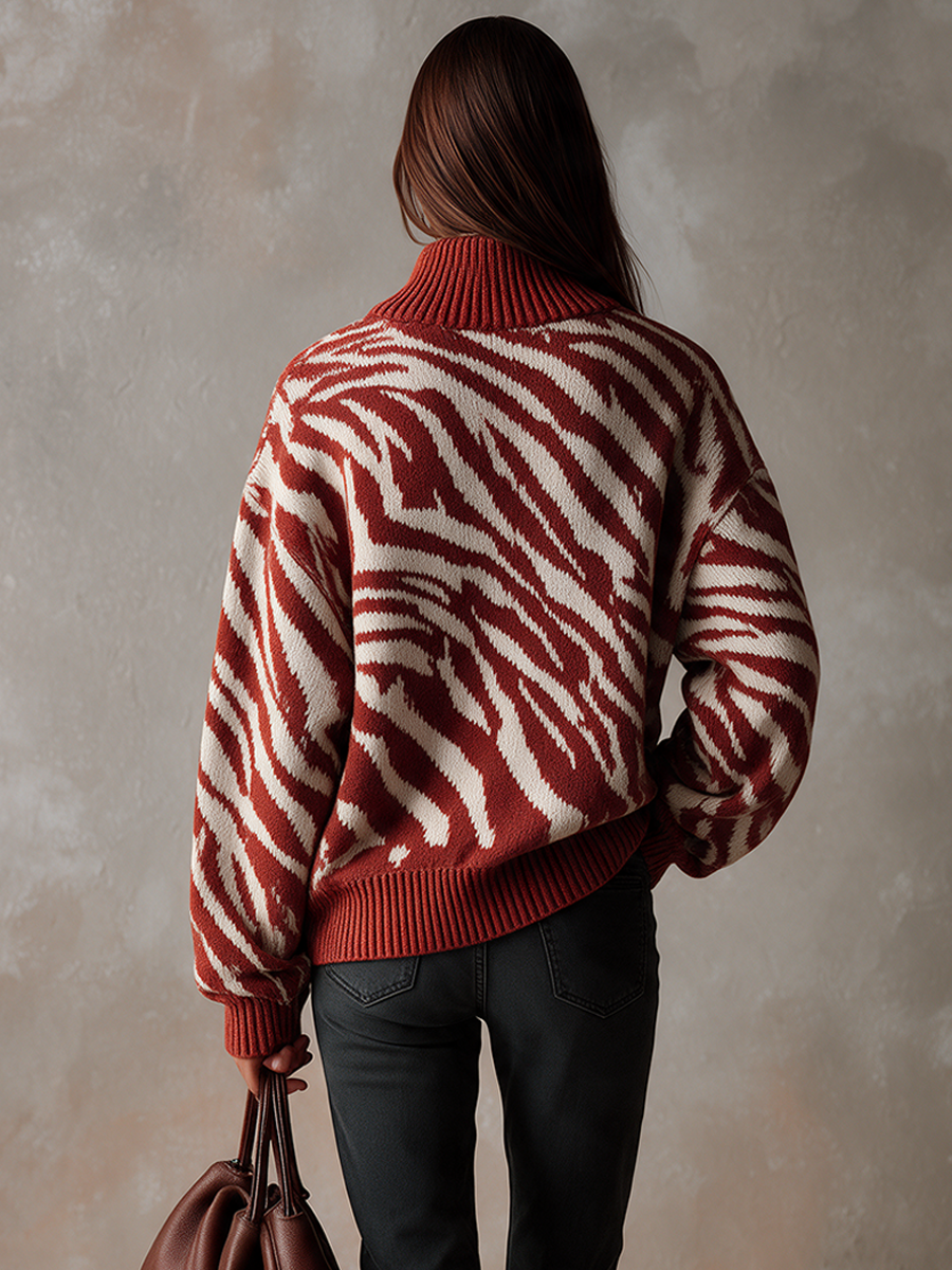 Women's Zebra-Print Half-Zip High-Neck Knit Top