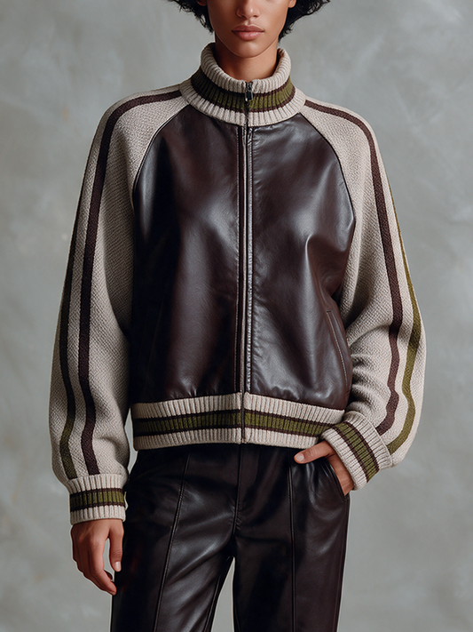 Women's Retro Color-Block Leather & Knit Panel Jacket