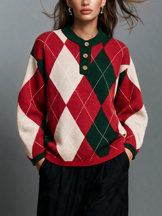 Women's Casual Long-Sleeve Knit Sweater In Red And White Christmas Colors